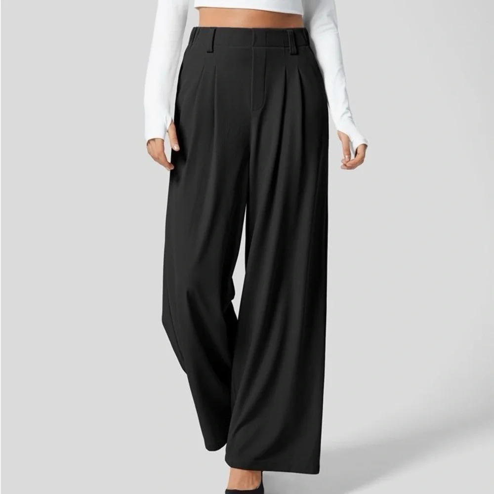 Halara Wide Leg Waffle Knit Trousers Pants - Black​​​